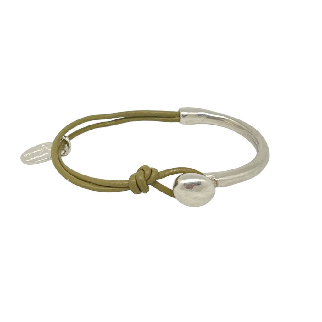 Basic silver-khaki leather bracelet