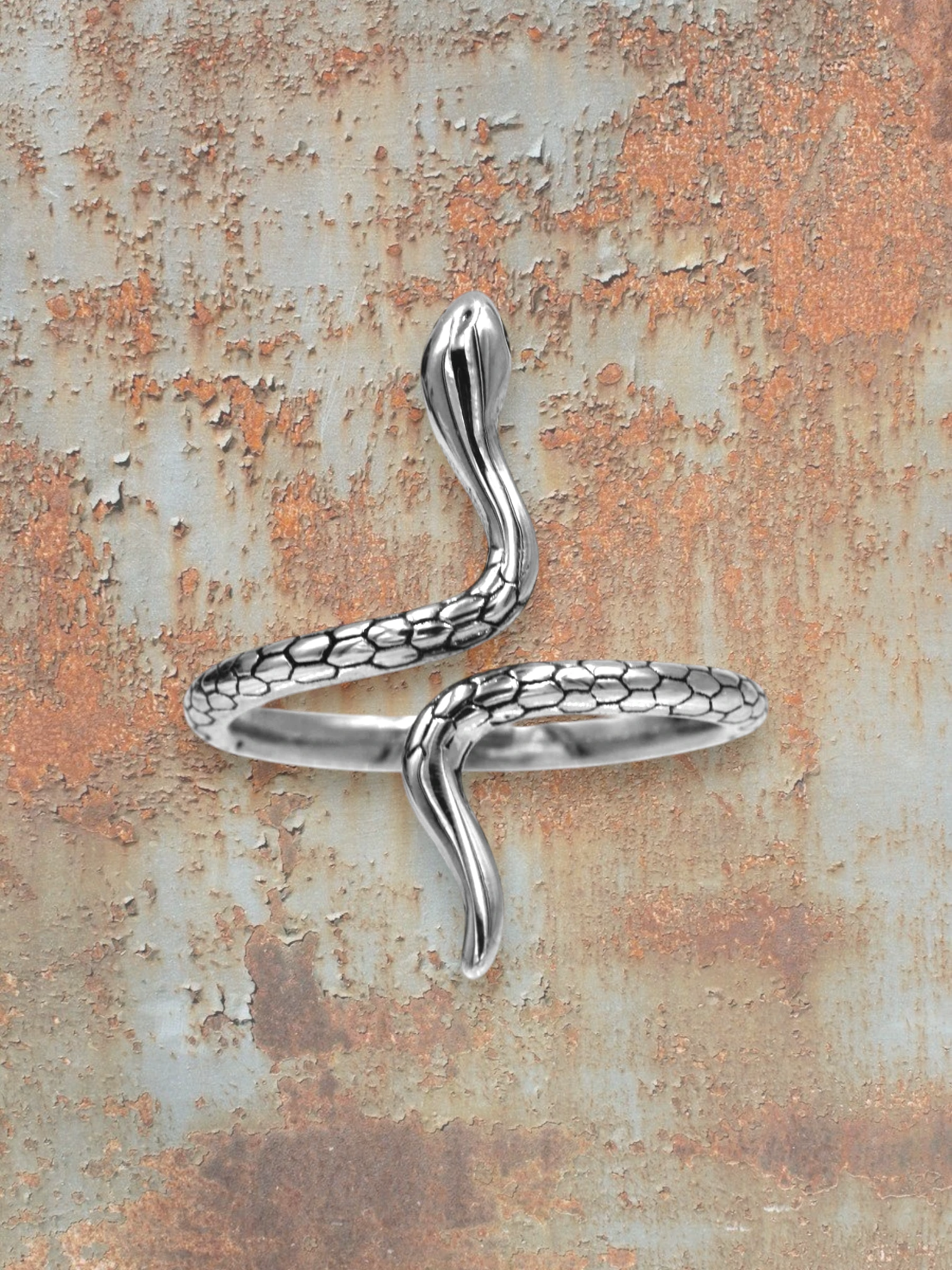 WILDSIDE silver snake ring crafted from polished 316L stainless steel with detailed scales.