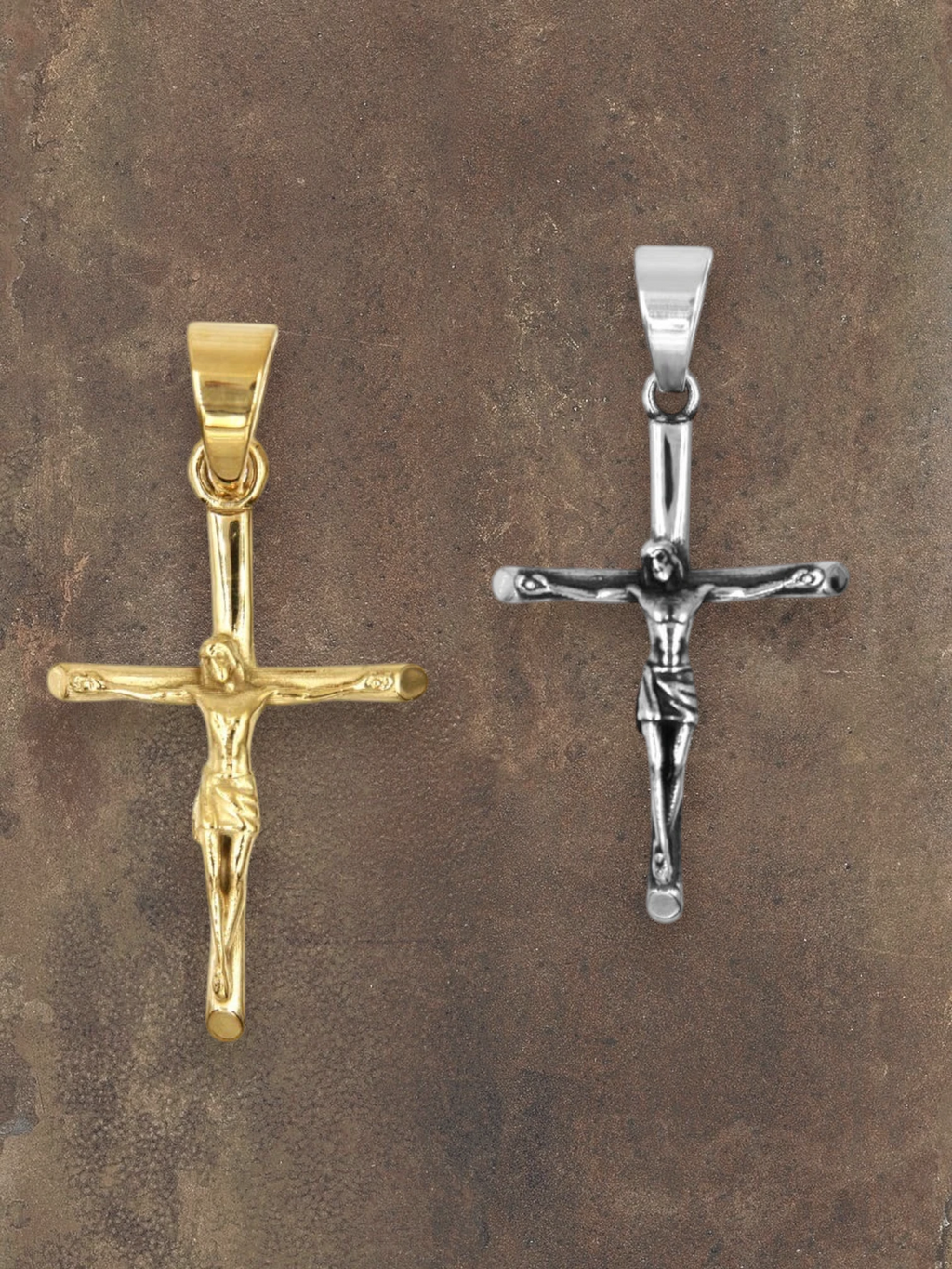 WILDSIDE gold and silver polished stainless steel Jesus cross pendant, 28mm x 40mm.