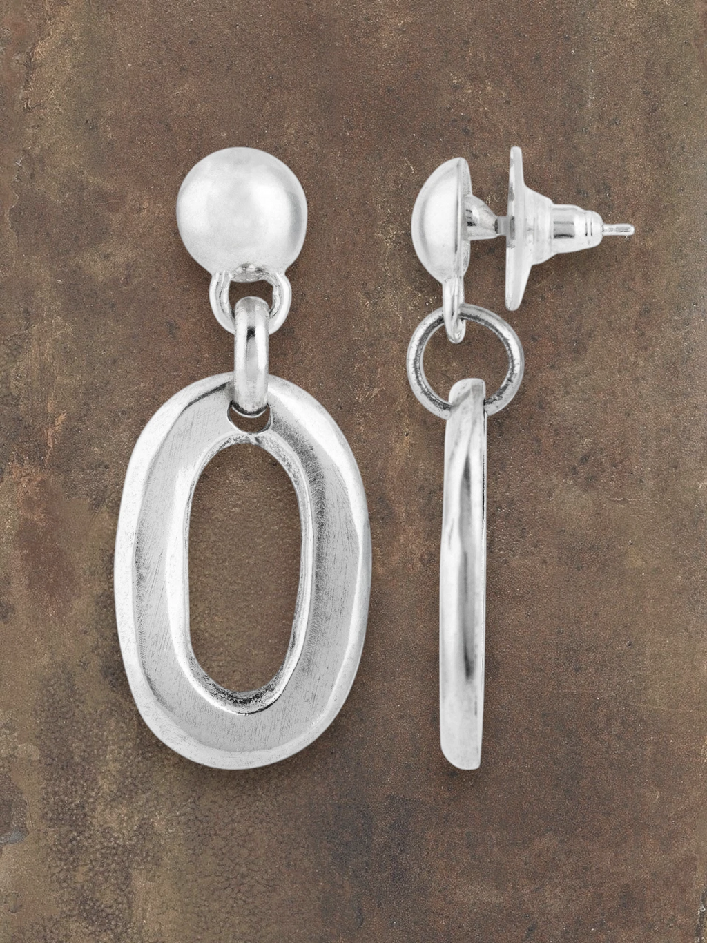 WILDSIDE silver plated oval drop earrings with pressure clasp. Hypoallergenic, exclusive design.