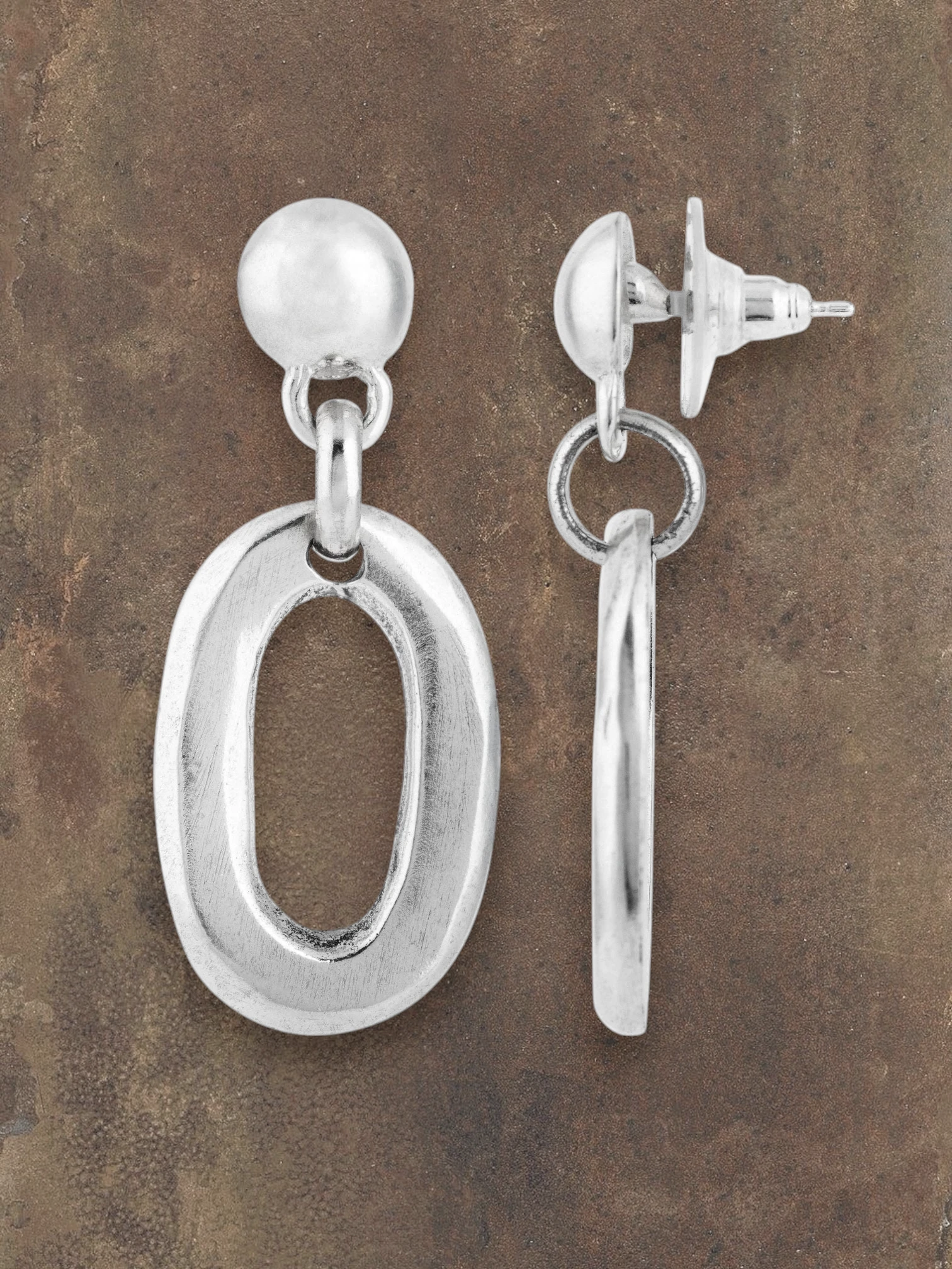 WILDSIDE silver plated oval drop earrings with pressure clasp. Hypoallergenic, exclusive design.