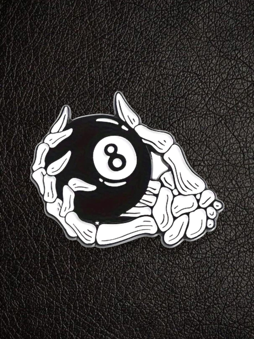 WILDSIDE 8 ball pin with skeleton hand design, black and white enamel.