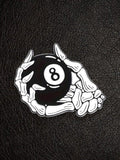 WILDSIDE 8 ball pin with skeleton hand design, black and white enamel.