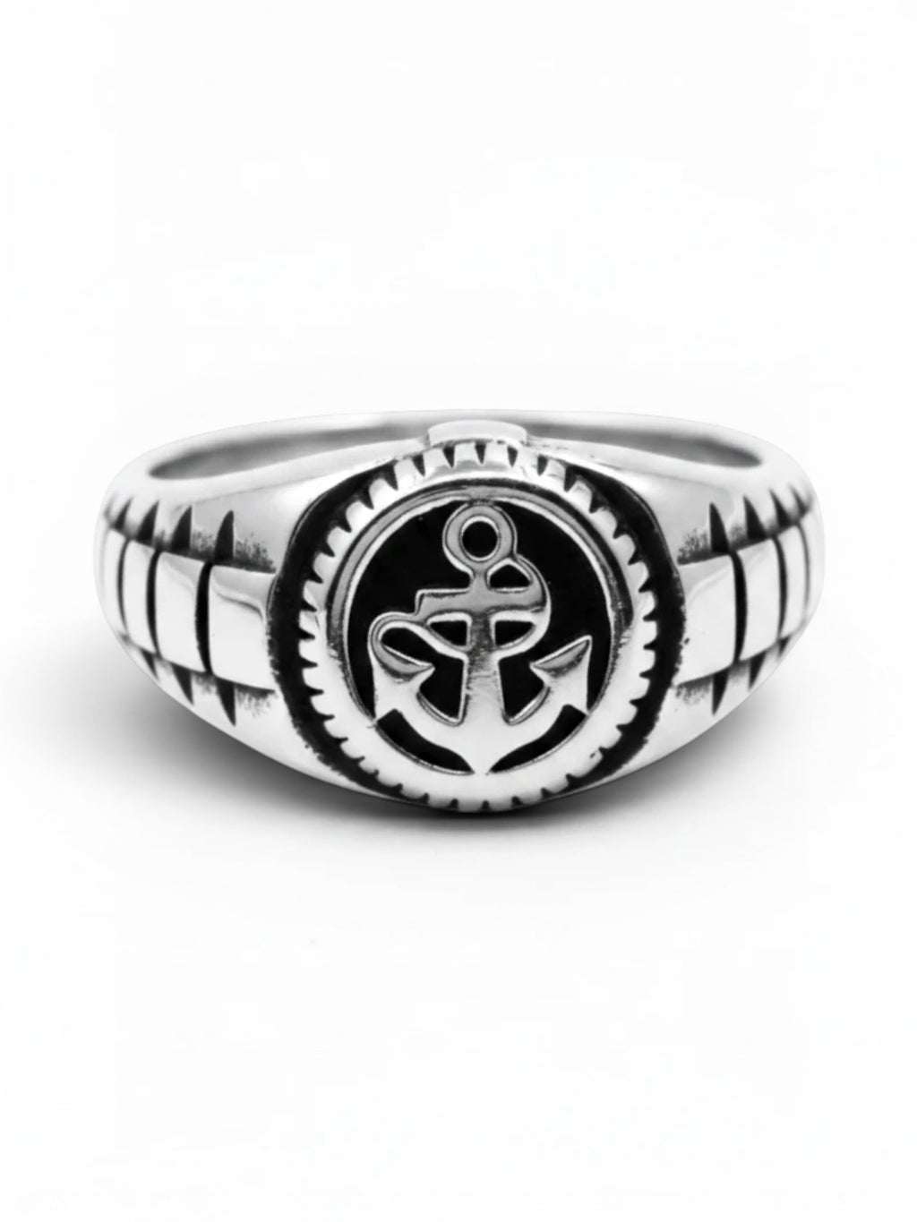 WILDSIDE hand-polished 316L stainless steel anchor ring with a detailed circular nautical design and textured band.