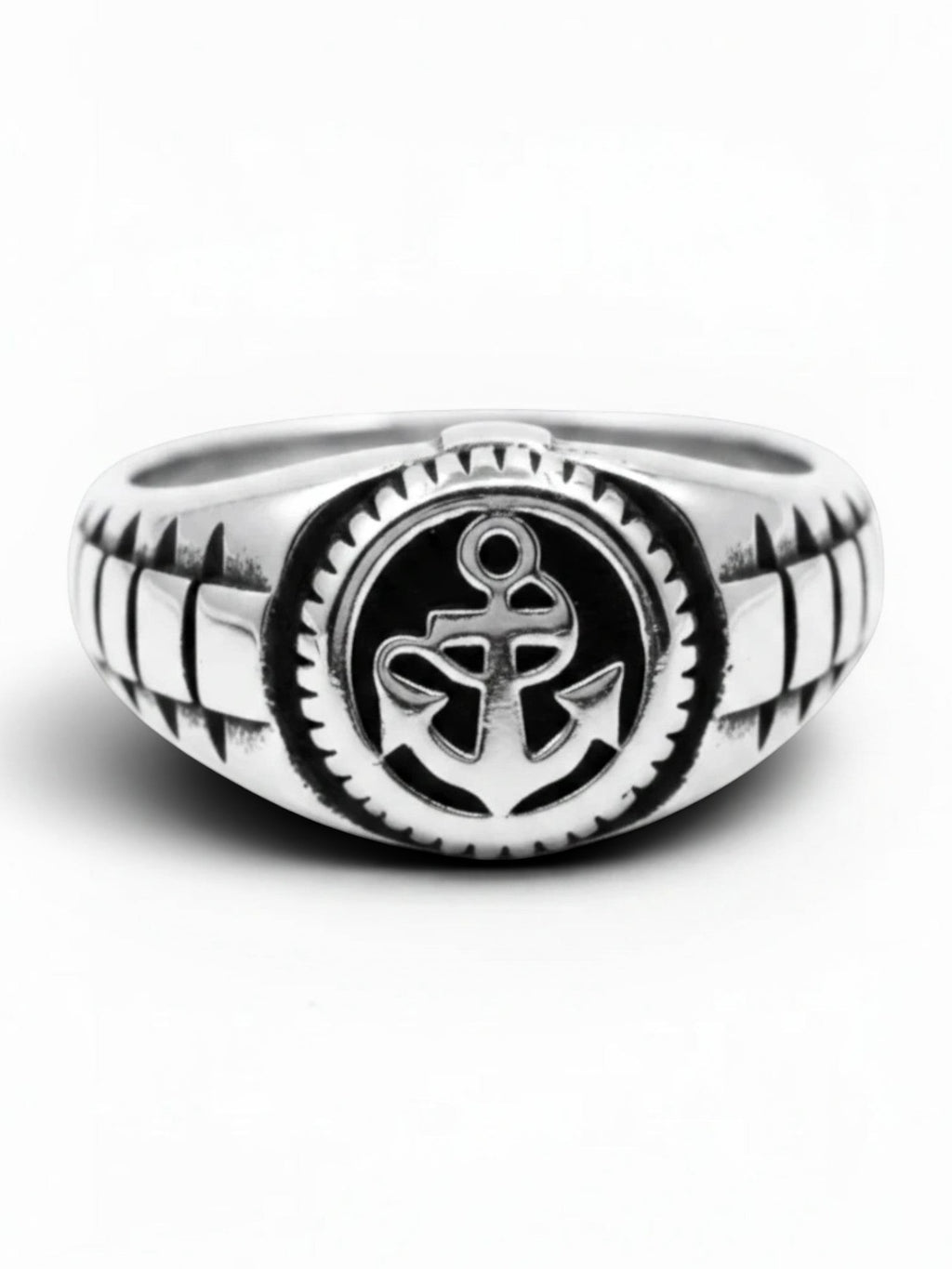 WILDSIDE hand-polished 316L stainless steel anchor ring with a detailed circular nautical design and textured band.