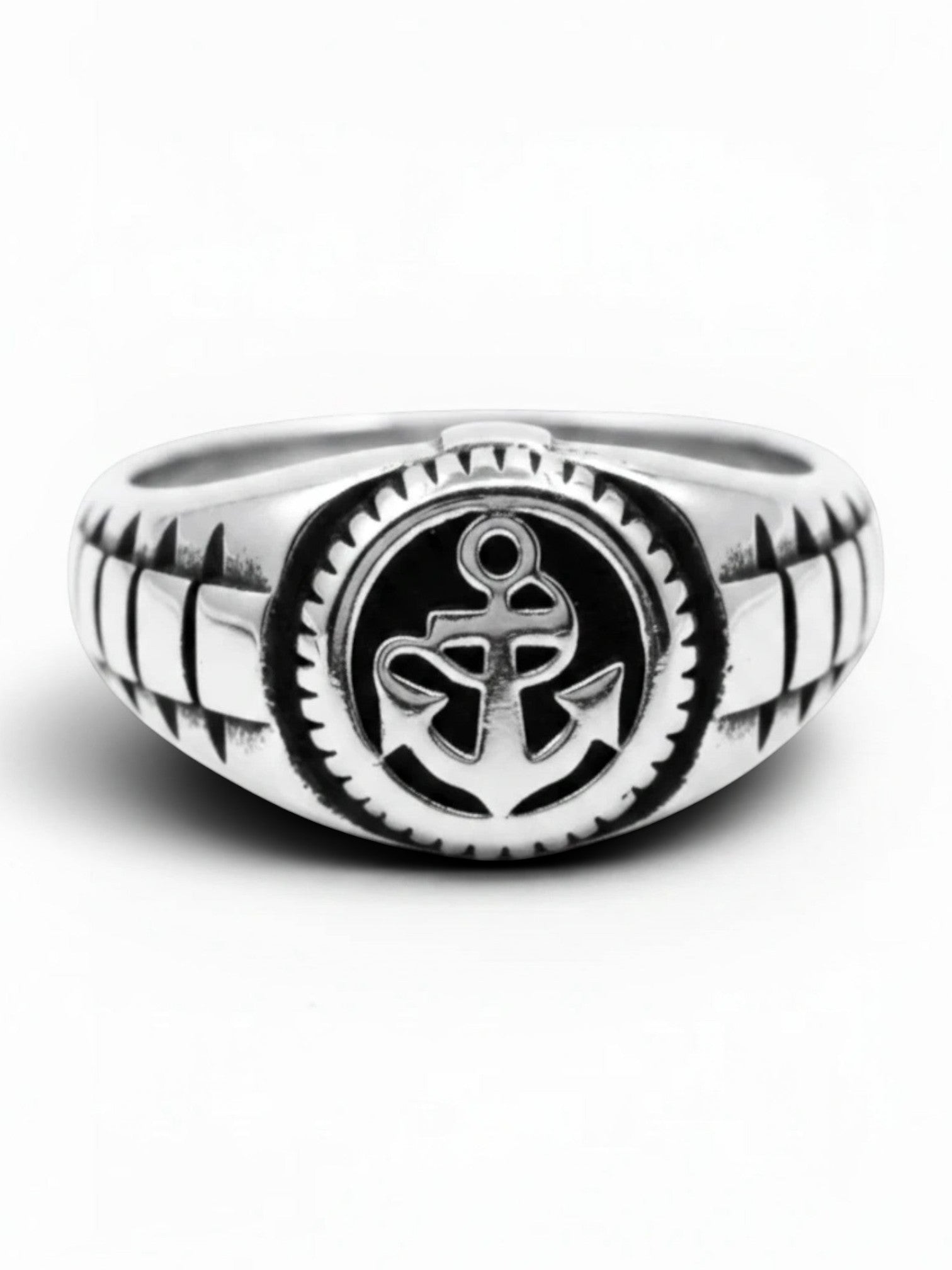 WILDSIDE hand-polished 316L stainless steel anchor ring with a detailed circular nautical design and textured band.