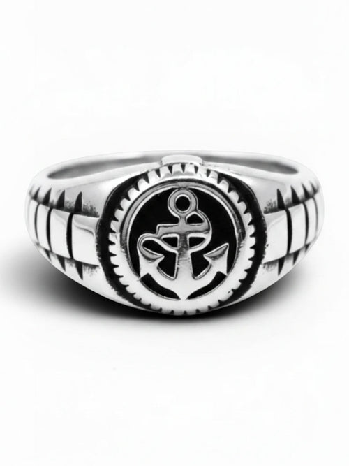 WILDSIDE hand-polished 316L stainless steel anchor ring with a detailed circular nautical design and textured band.
