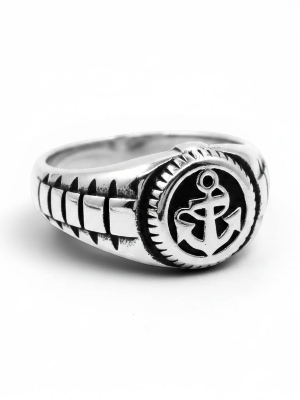 WILDSIDE Anchor Ring in hand-polished 316L stainless steel with a detailed nautical anchor emblem and textured band.