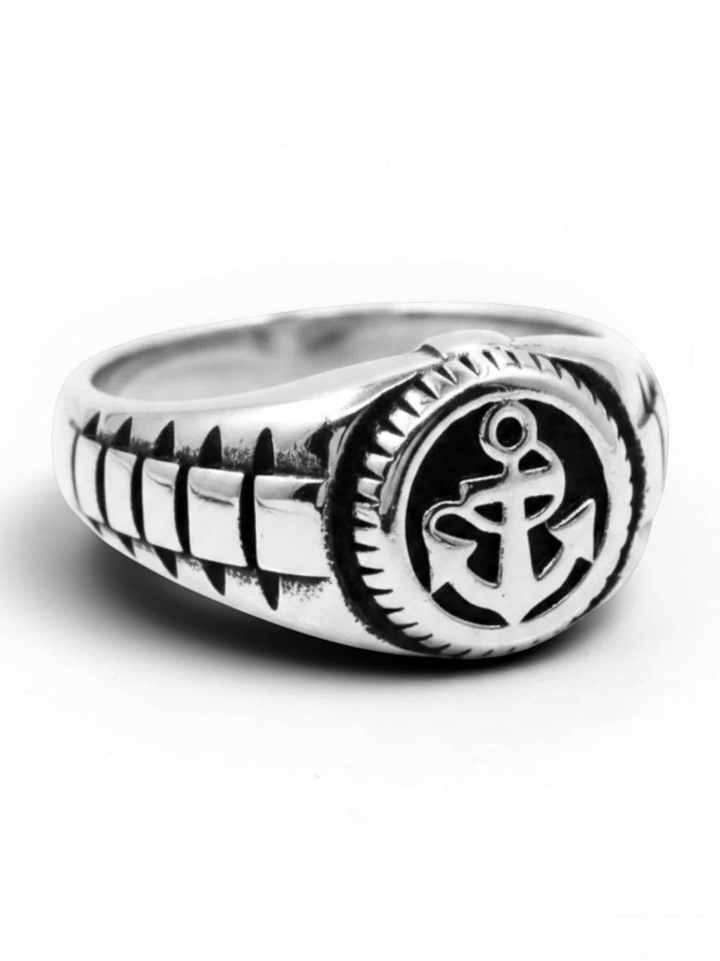 WILDSIDE Anchor Ring in hand-polished 316L stainless steel with a detailed nautical anchor emblem and textured band.