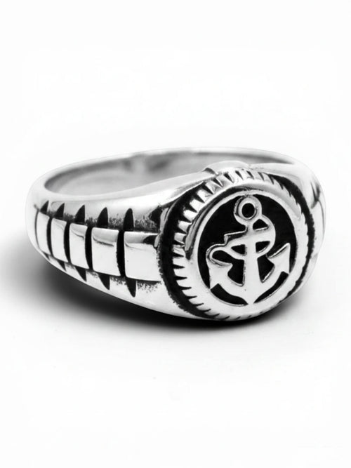 WILDSIDE Anchor Ring in hand-polished 316L stainless steel with a detailed nautical anchor emblem and textured band.