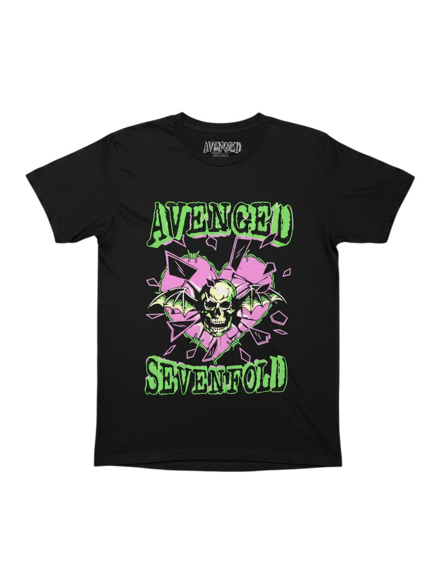 WILDSIDE Avenged Sevenfold black cotton t-shirt with Heart Break skull graphic and green text on the front.