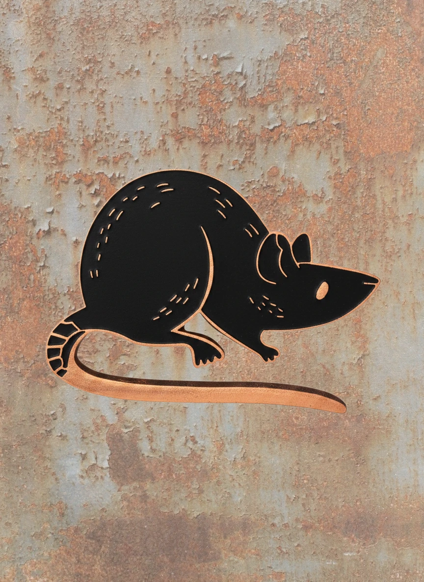 WILDSIDE black enamel rat pin with copper trim, detailed with whiskers and a striped tail.