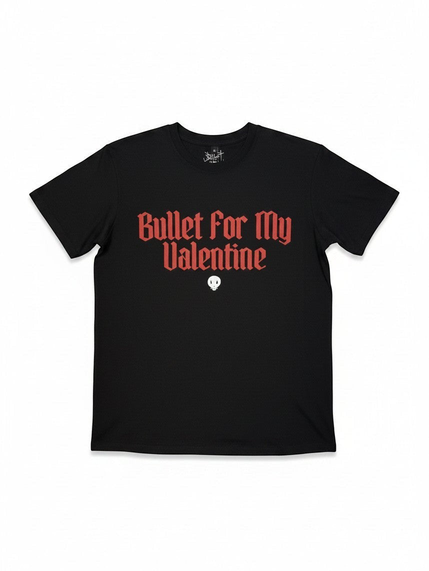 WILDSIDE Bullet For My Valentine black cotton t-shirt with red band logo and small skull graphic on the front