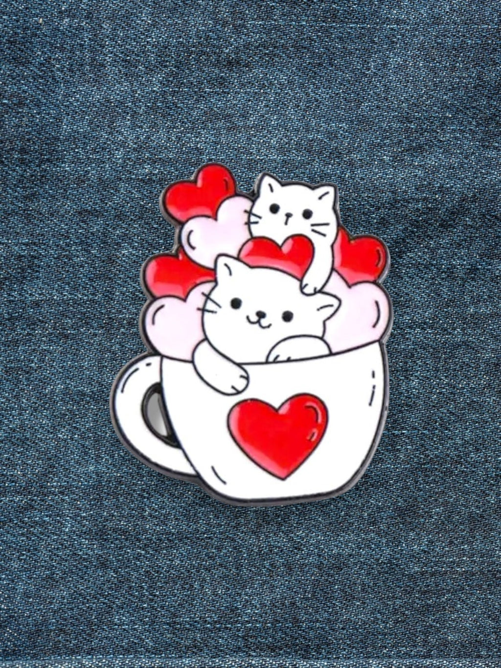 WILDSIDE cute white cat pin in a teacup with red and pink hearts, enamel design.
