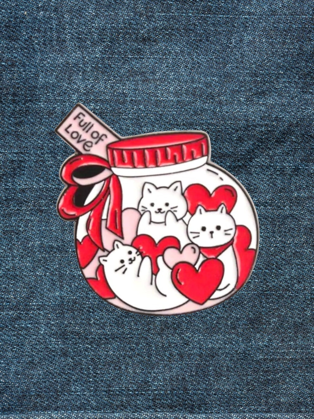 WILDSIDE enamel pin of three white cats and red hearts inside a jar with a red lid and bow, tag says "Full of Love".