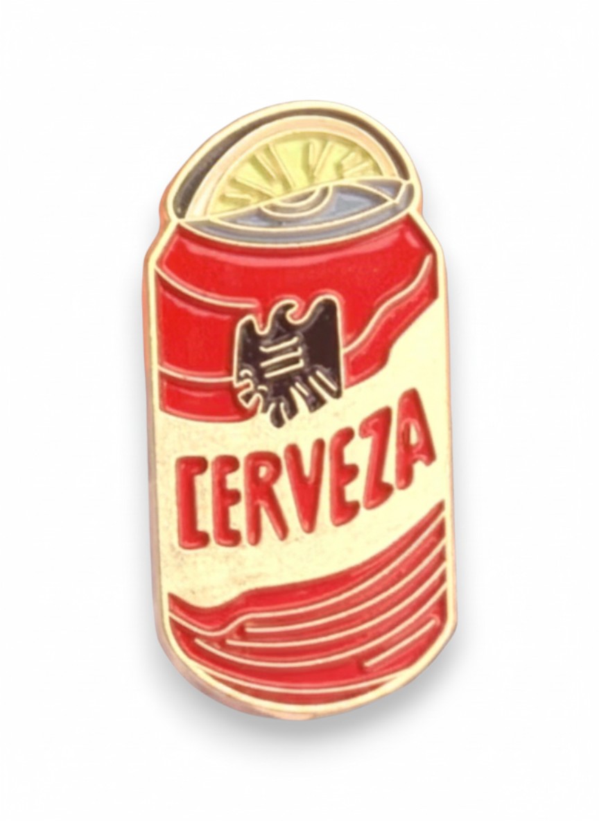 WILDSIDE red and gold enamel pin shaped like a beer can with a slice of lime on top. Features the word CERVEZA.