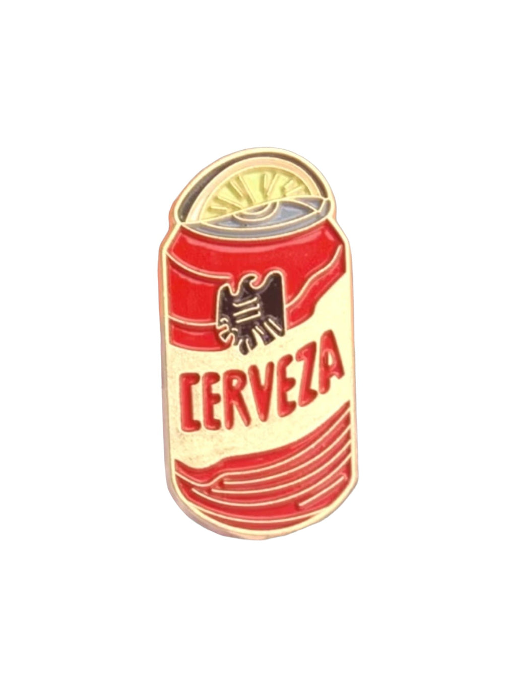 WILDSIDE red and cream cerveza can enamel pin with eagle emblem and yellow top.