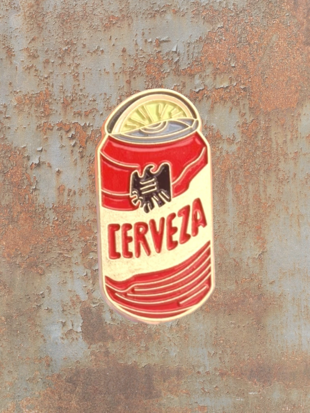 WILDSIDE red and cream cerveza can enamel pin with eagle emblem and yellow top.