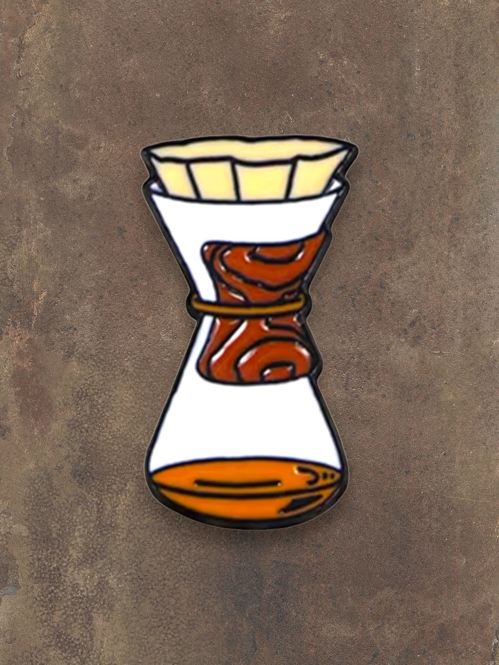 WILDSIDE coffee pour-over pin with white filter, brown coffee, and glass carafe design.