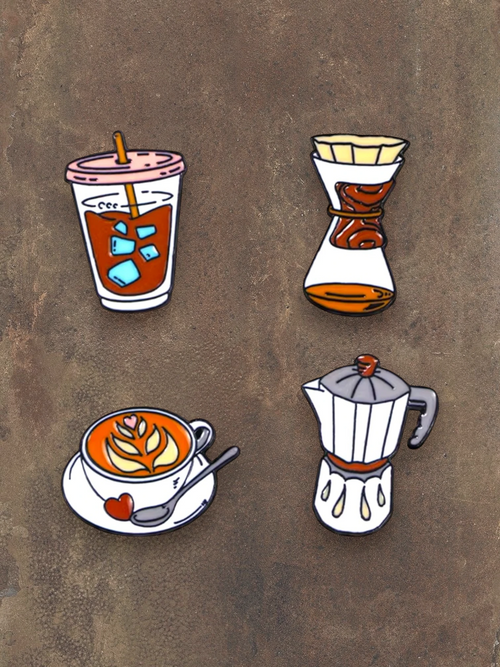 WILDSIDE coffee pins featuring an iced coffee cup, pour-over coffee maker, latte art cup, and moka pot.