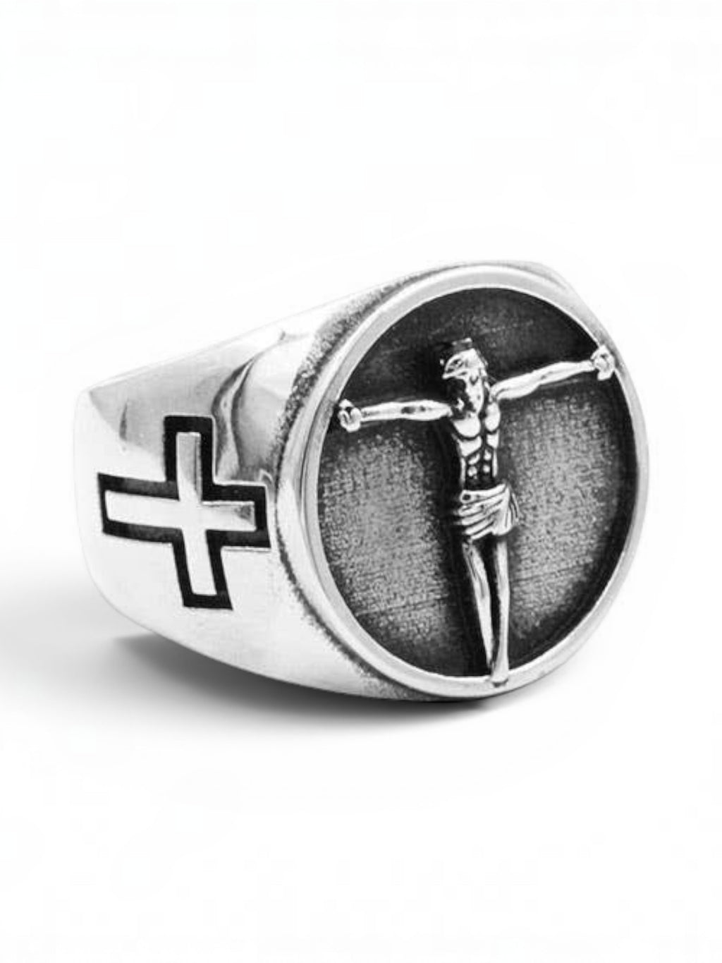 WILDSIDE silver-tone signet ring featuring a detailed crucifix centerpiece and cross motifs on a textured band.