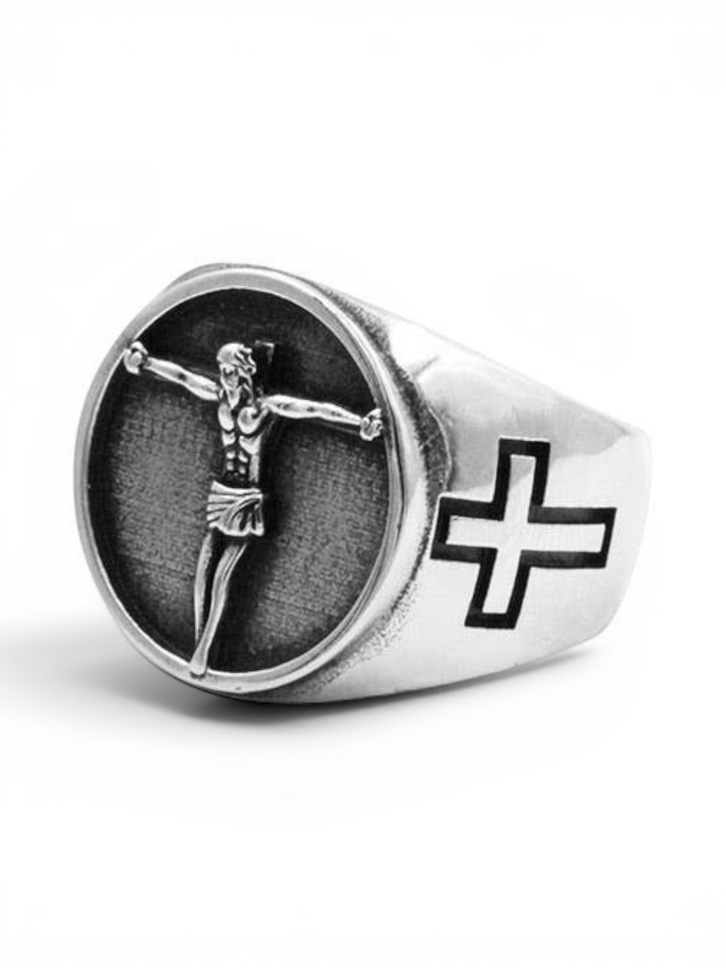 WILDSIDE silver-tone signet ring featuring a detailed crucifix centerpiece on a textured background with side cross motifs.