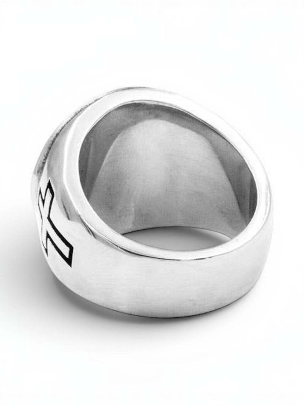 WILDSIDE silver-tone signet ring featuring a detailed crucifix centerpiece and cross motifs on the band.