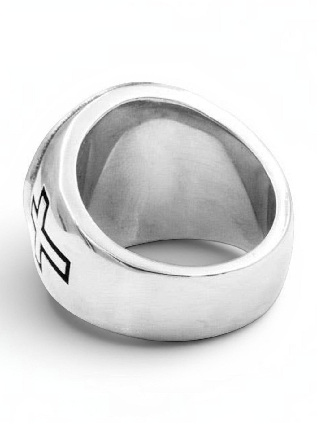 WILDSIDE silver-tone signet ring featuring a detailed crucifix centerpiece and cross motifs on the band.