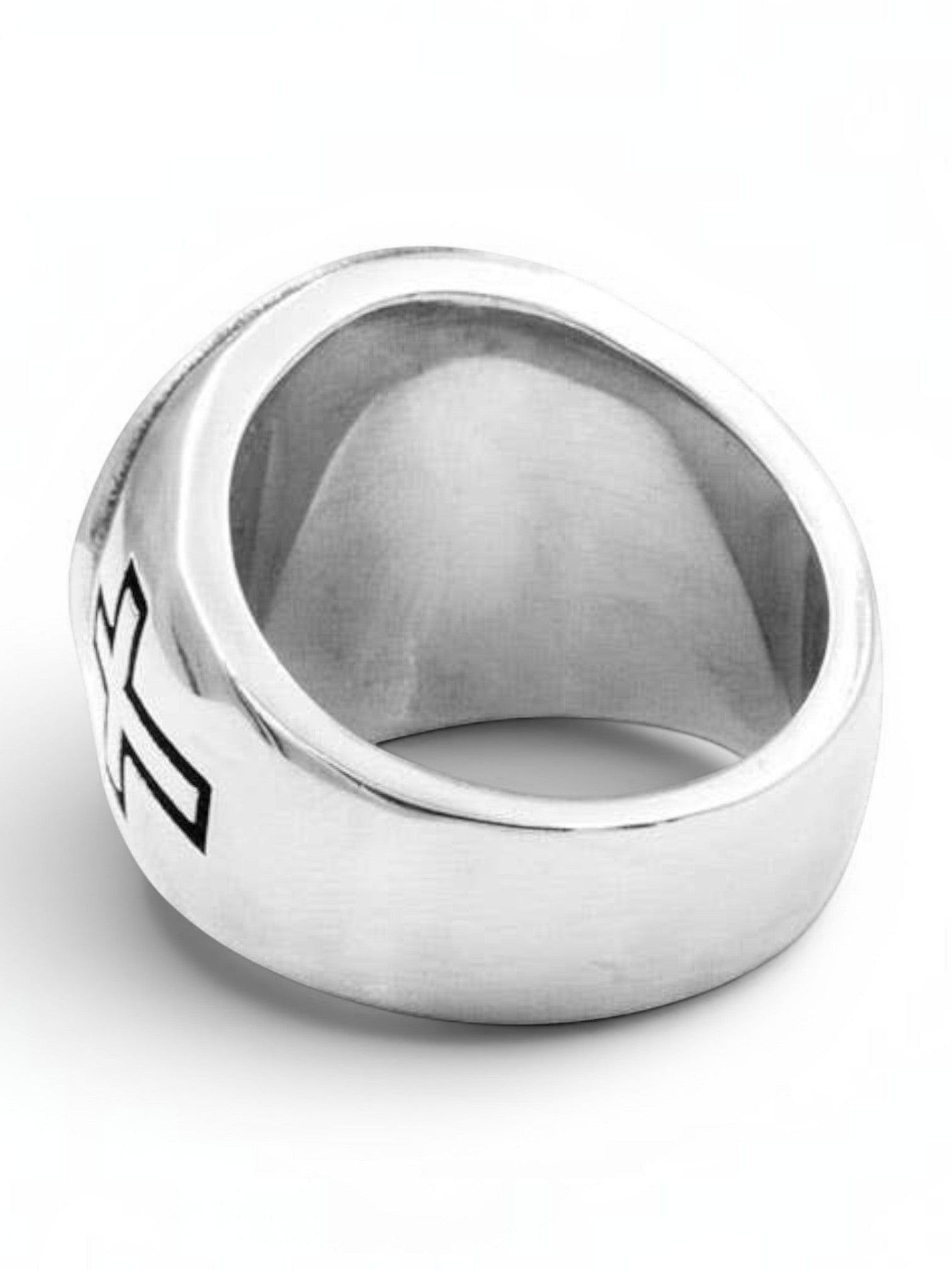 WILDSIDE silver-tone signet ring featuring a detailed crucifix centerpiece and cross motifs on the band.