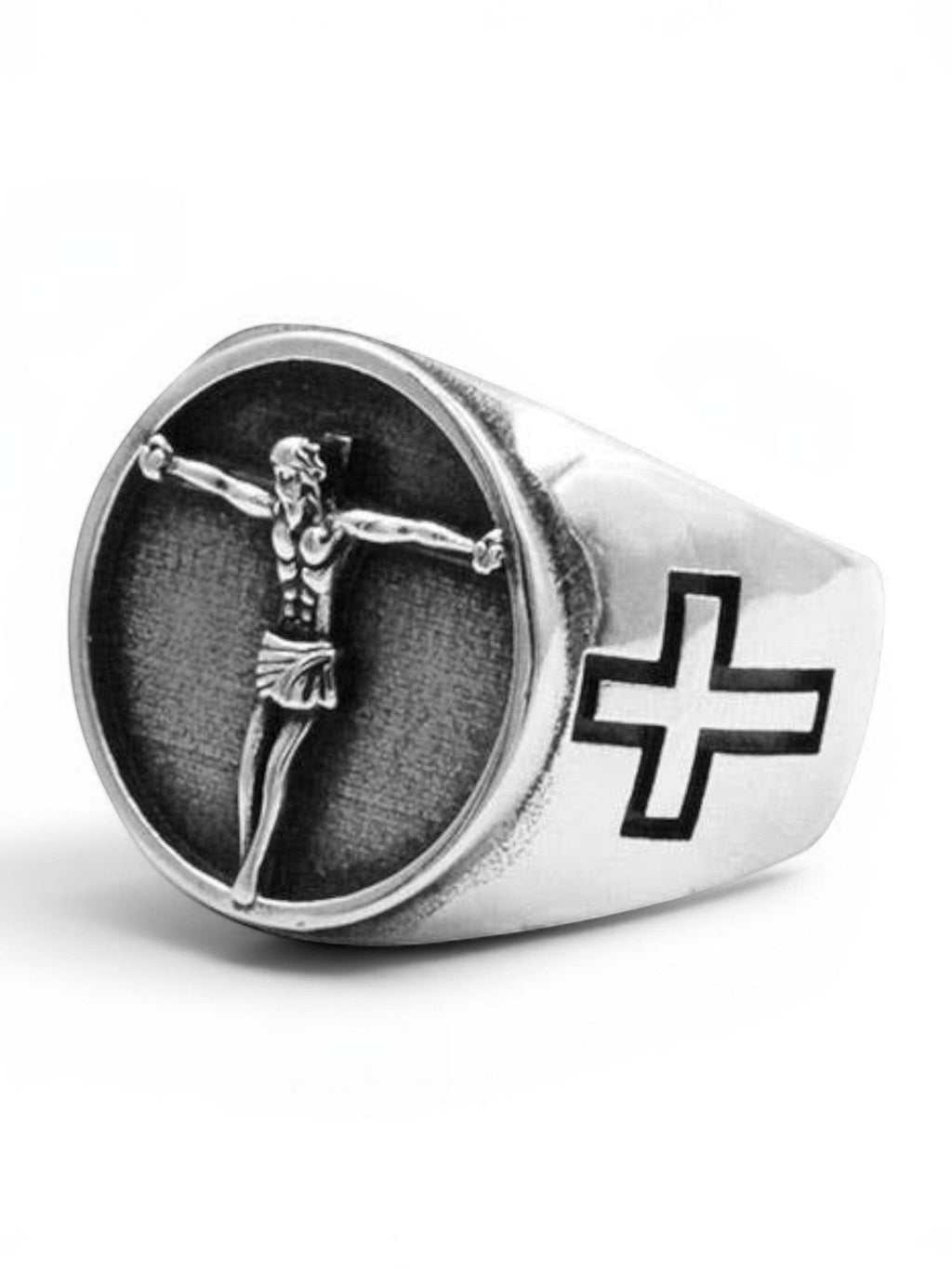WILDSIDE silver-tone signet ring featuring a detailed crucifix centerpiece and engraved cross motifs on the band.