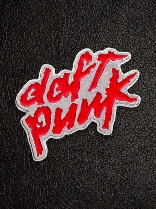 WILDSIDE Daft Punk logo pin with red enamel script on silver-toned metal. Perfect for jackets, backpacks, and hats.