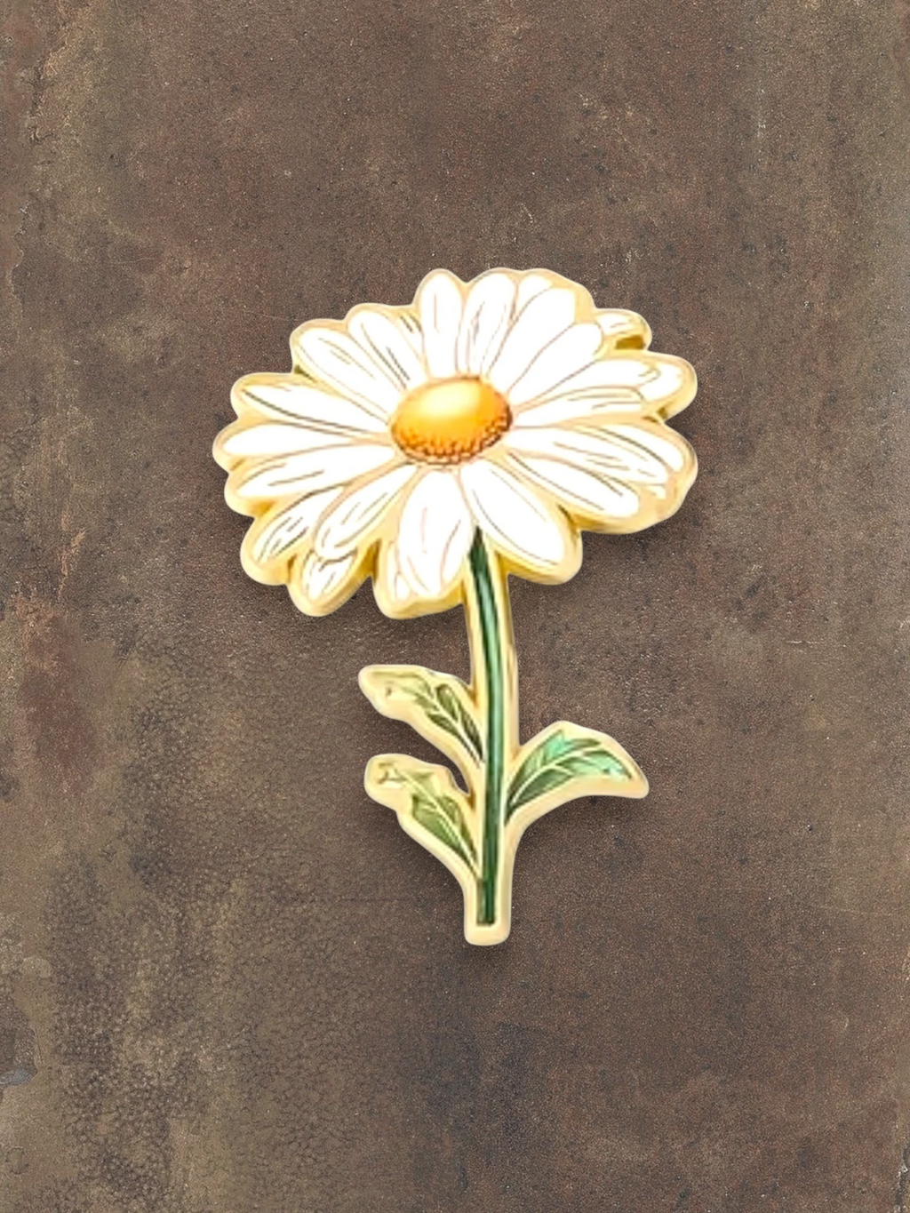 WILDSIDE daisy flower pin with white petals, yellow center, and green stem and leaves.