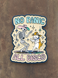 WILDSIDE No Panic All Disco enamel pin featuring a skeleton and cat dancing in cowboy hats.