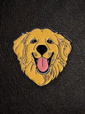 WILDSIDE yellow enamel dog pin with black outline, featuring a happy Golden Retriever face with tongue out.