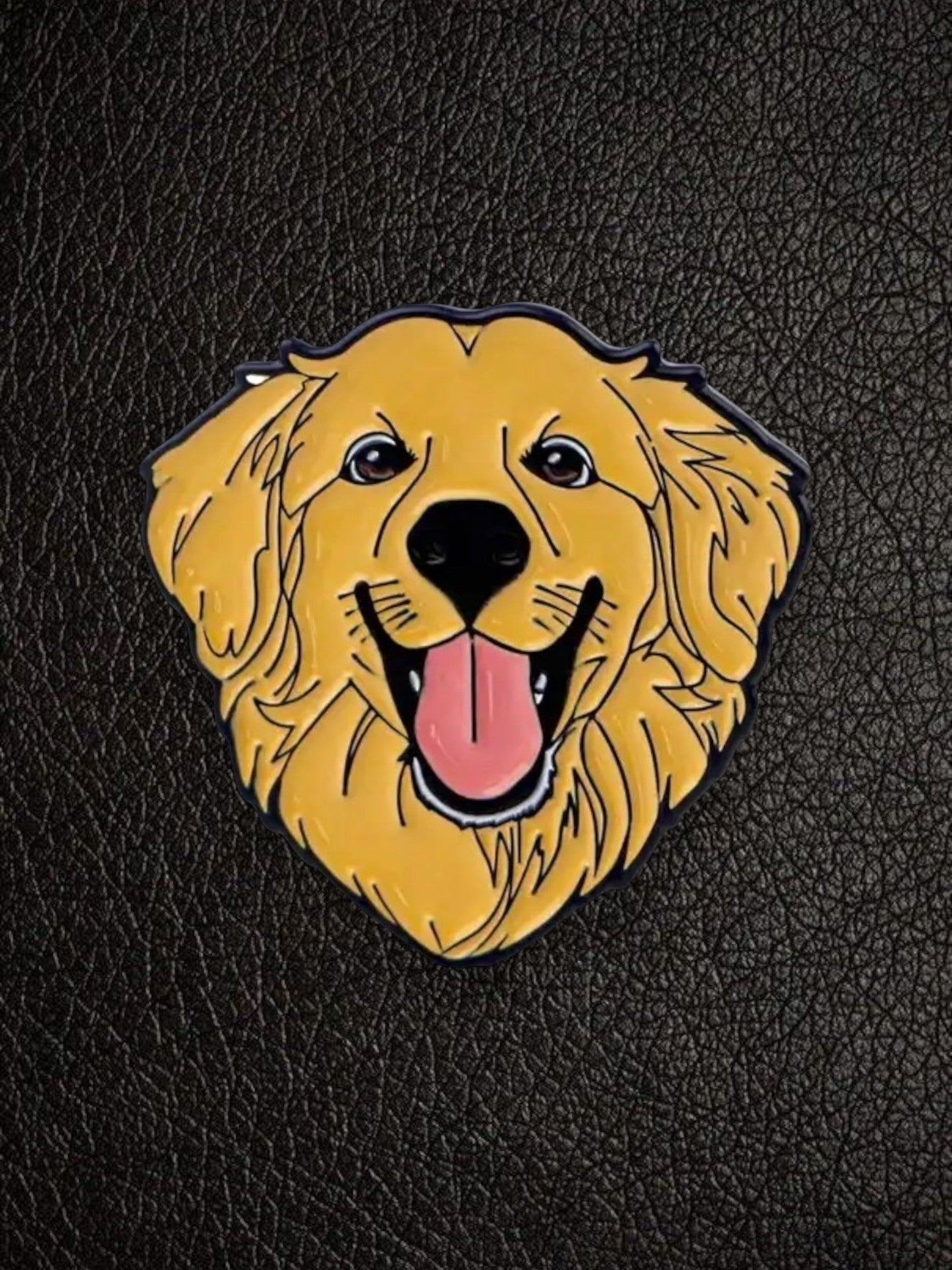 WILDSIDE yellow enamel dog pin with black outline, featuring a happy Golden Retriever face with tongue out.