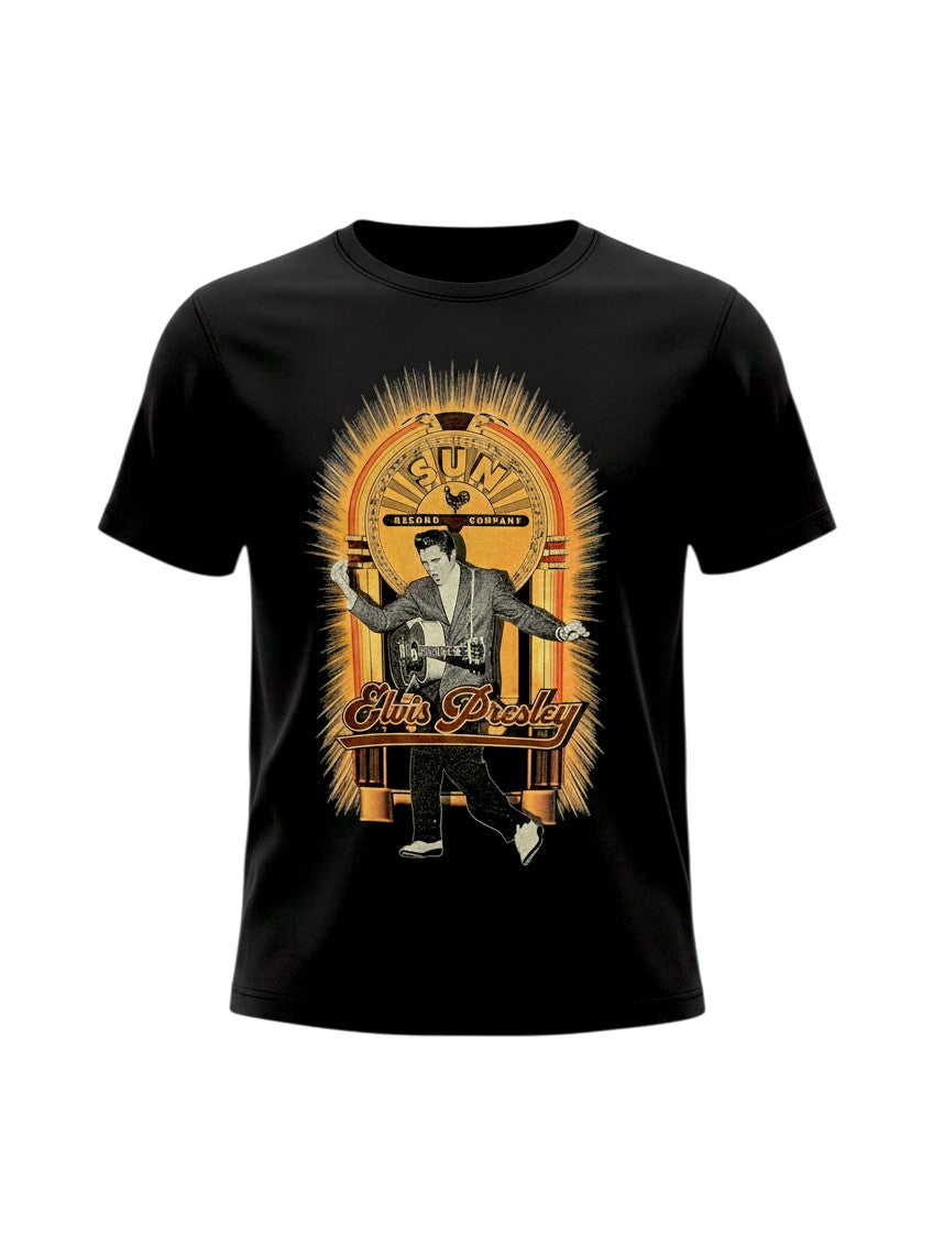WILDSIDE black soft-style cotton unisex t-shirt featuring a retro Elvis Presley dancing graphic and Sun Records logo.