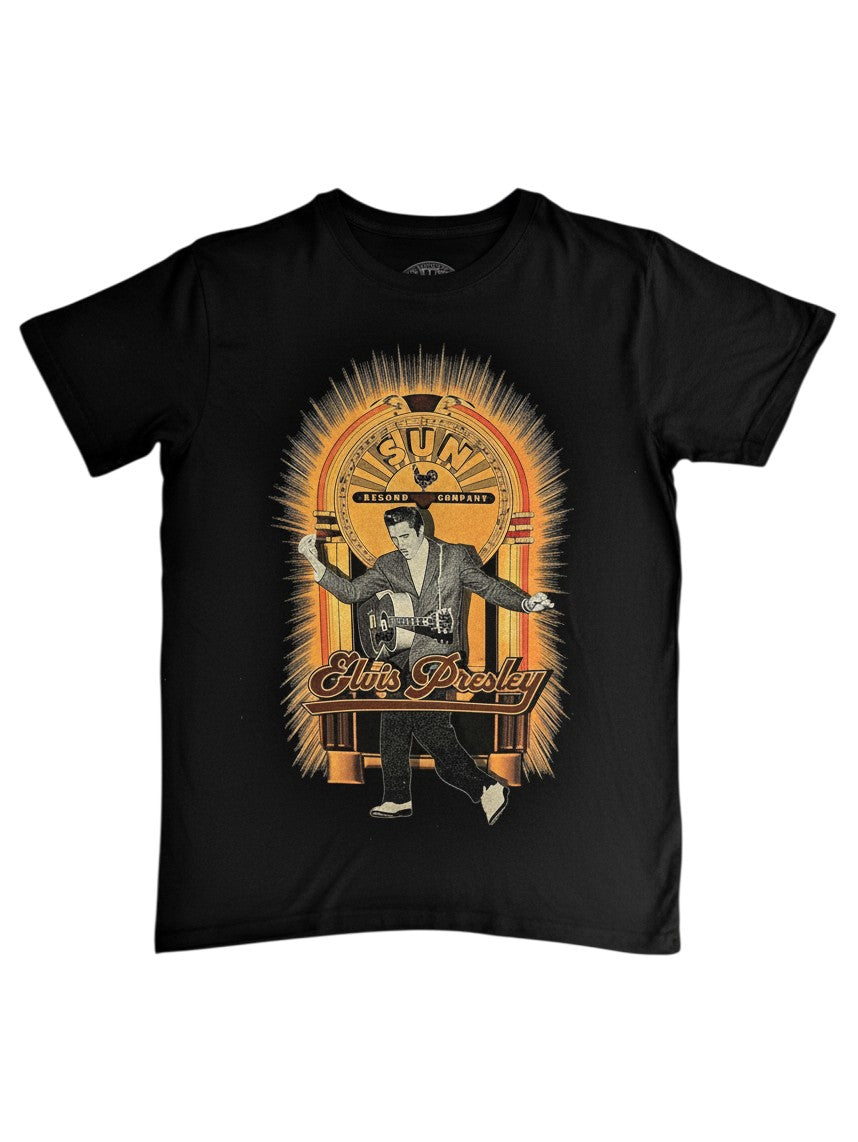 WILDSIDE black soft-style cotton t-shirt featuring a retro Elvis Presley dancing graphic and Sun Records logo.