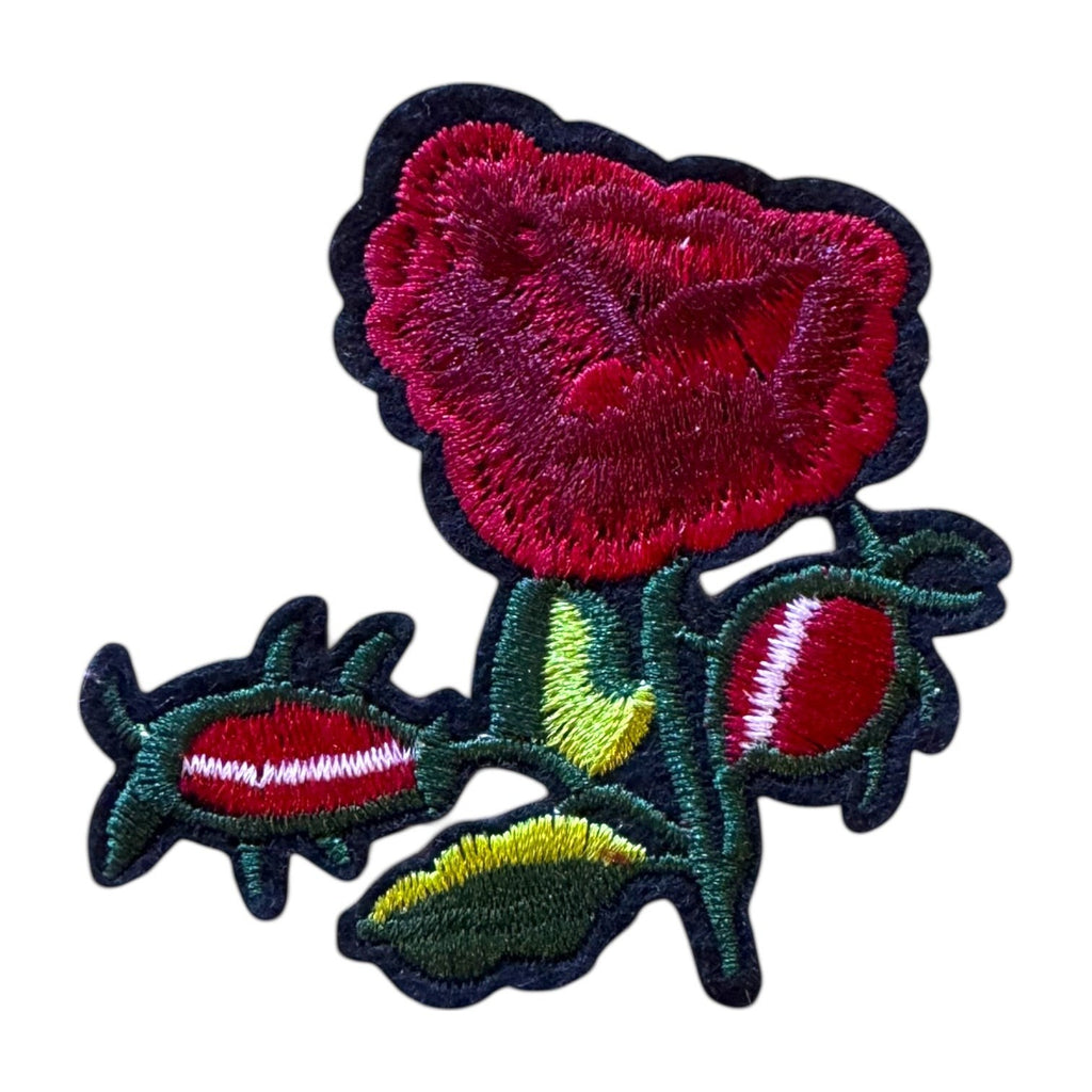 WILDSIDE embroidered patch of a red rose with green leaves and thorns, suitable for rock & roll and punk style.