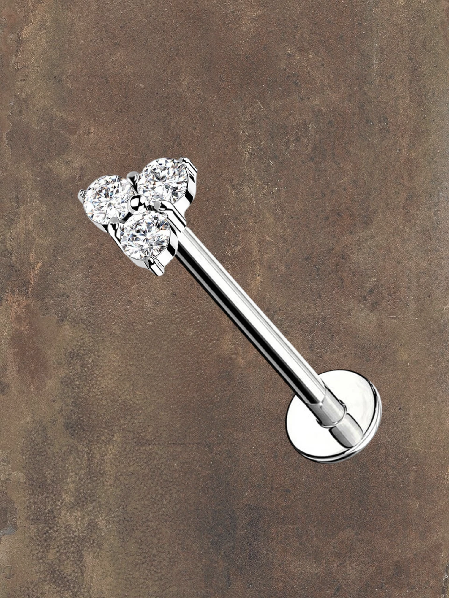 WILDSIDE flat labret piercing with internal thread, 316L surgical steel bar, 8mm length, adorned with three clear crystals.