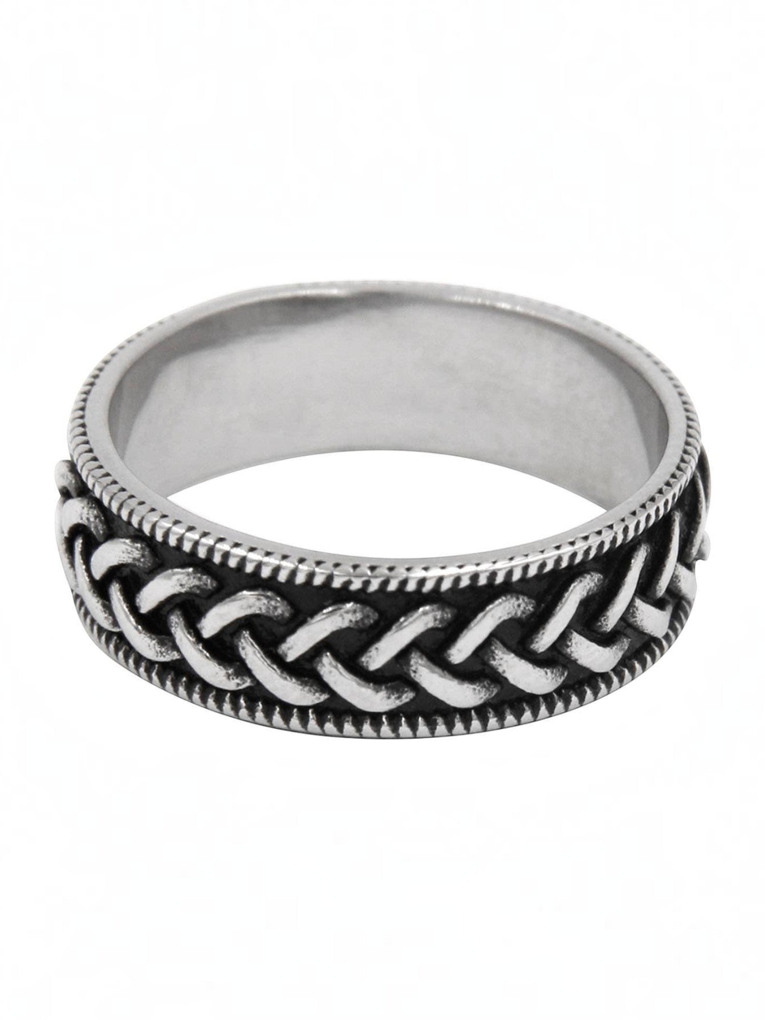 WILDSIDE French braided ring in hand-polished 316L surgical stainless steel with a detailed woven pattern