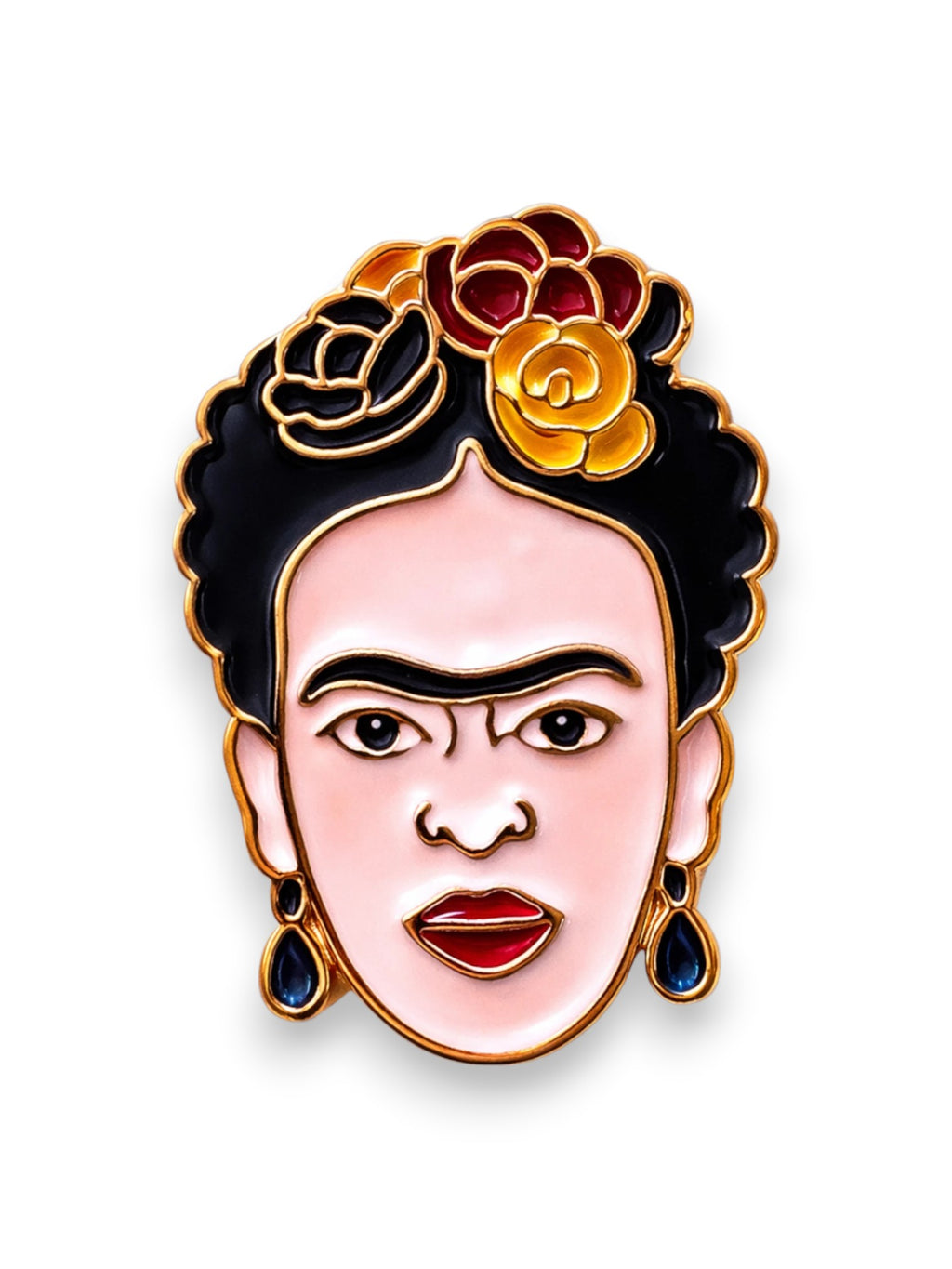 WILDSIDE Frida Kahlo enamel pin with gold trim, featuring pink face, black hair, floral crown, and blue teardrop earrings.