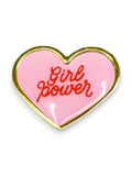 WILDSIDE pink heart-shaped enamel pin with red "Girl power" text and gold trim.