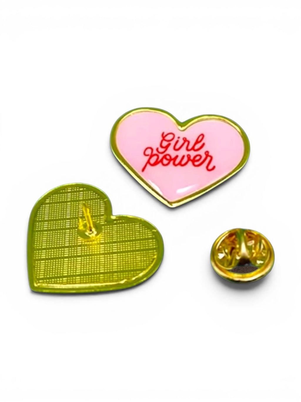 WILDSIDE pink heart enamel pin with red 'Girl power' text and gold trim. Back view shows green textured design.