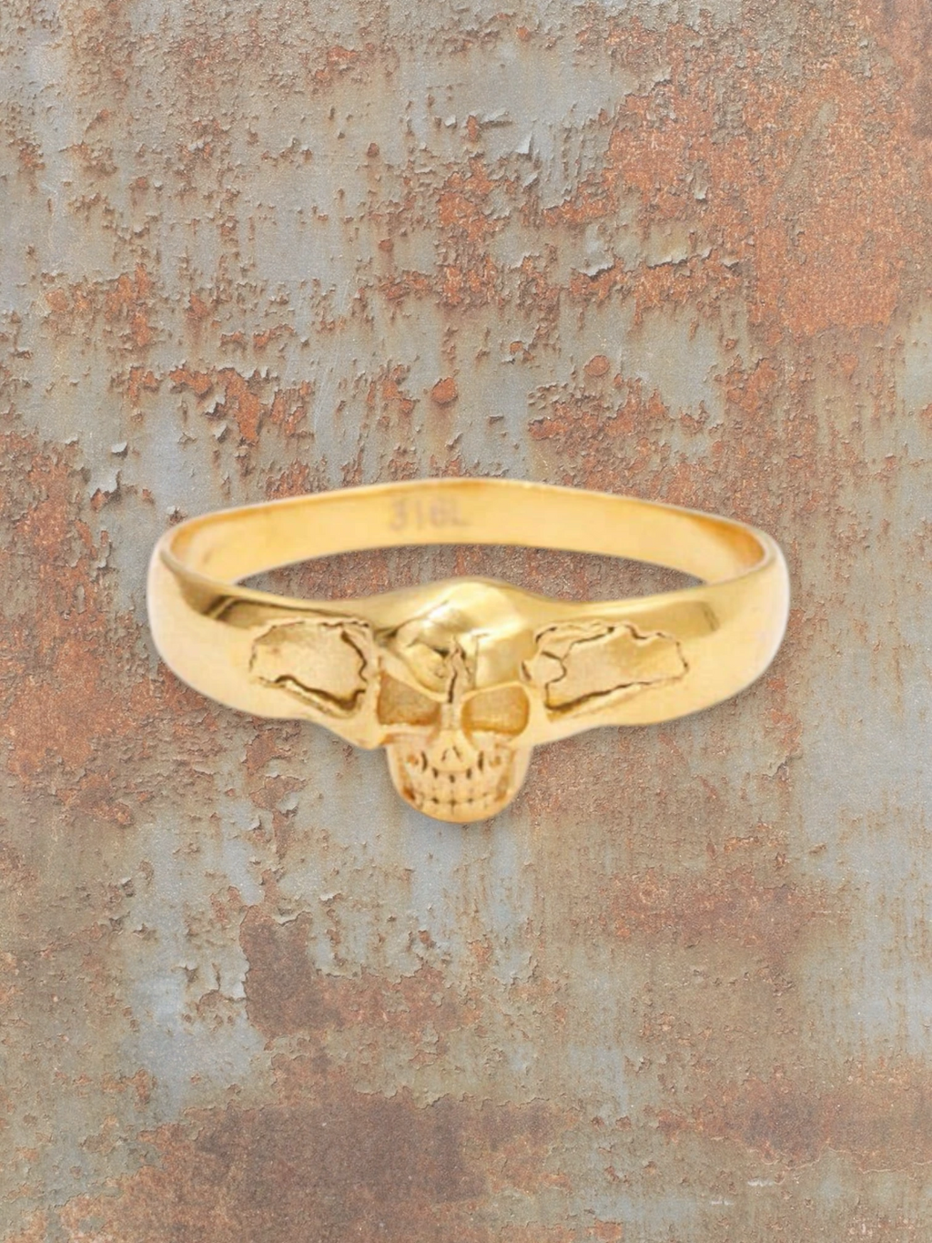 WILDSIDE unisex gold-tone 316L stainless steel skull ring with intricate detailing.