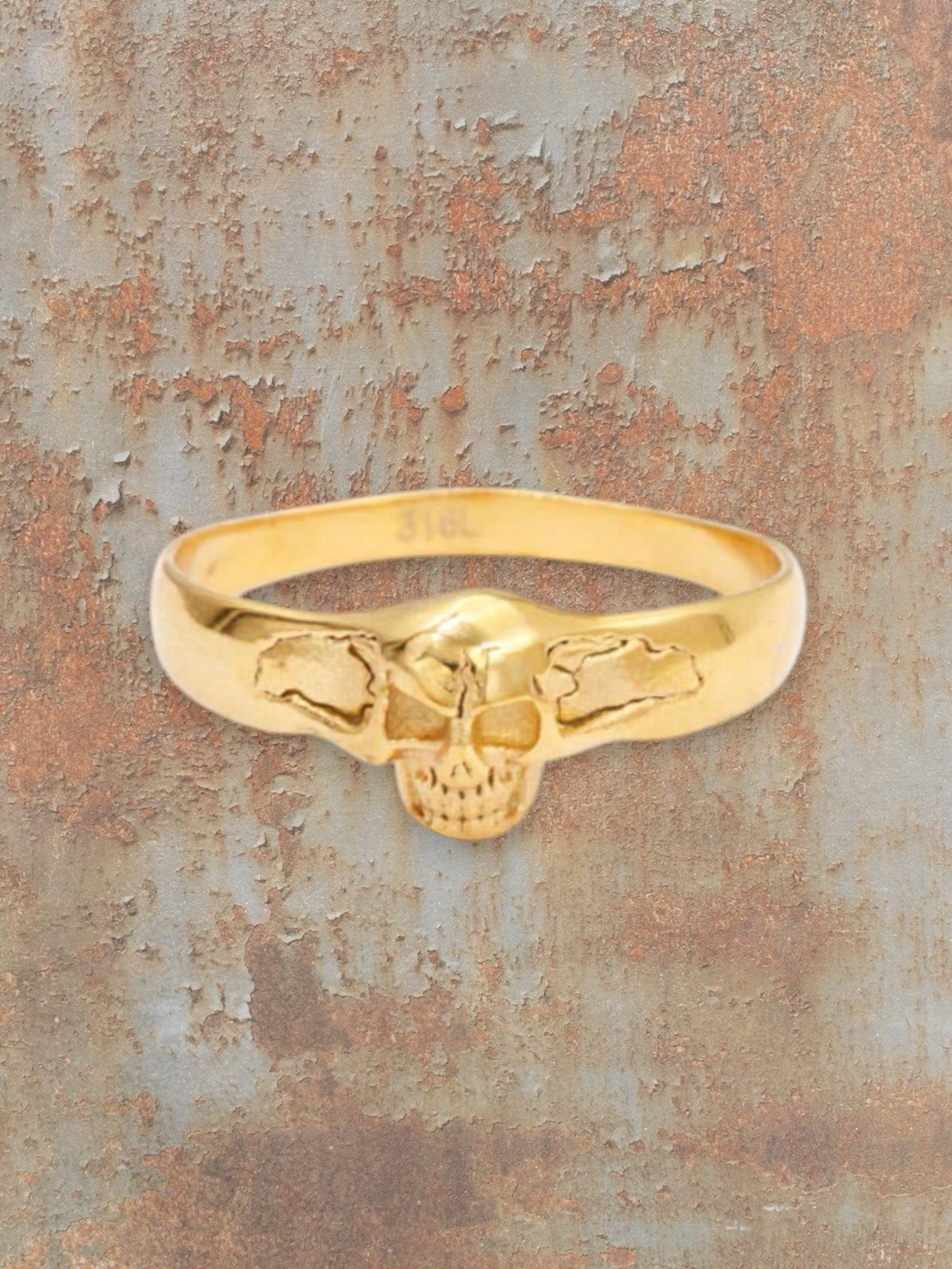 WILDSIDE unisex gold-tone 316L stainless steel skull ring with intricate detailing.