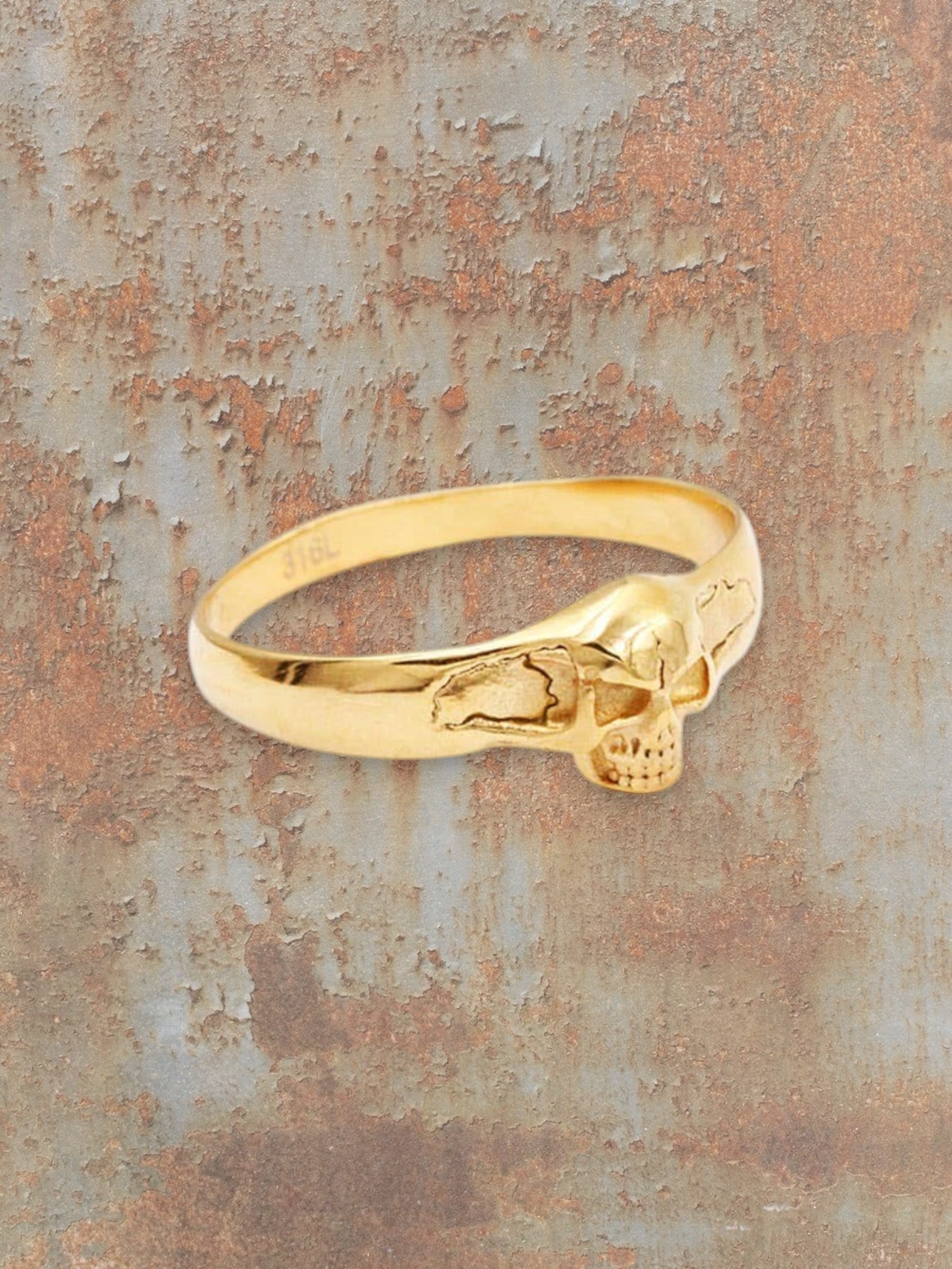 WILDSIDE unisex gold-tone 316L stainless steel skull ring with intricate detailing.