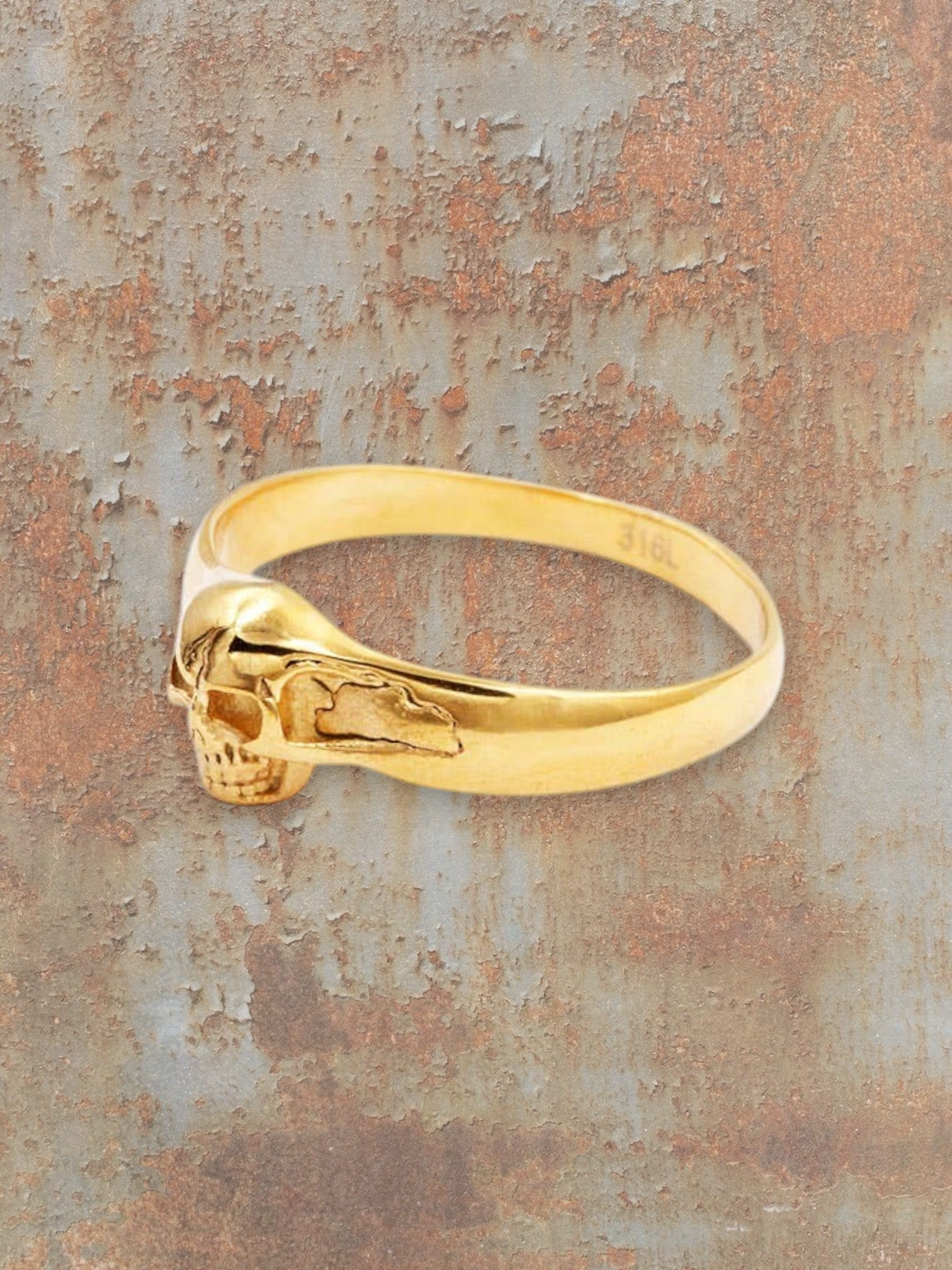 WILDSIDE unisex gold-tone stainless steel skull ring, polished finish, 316L steel.