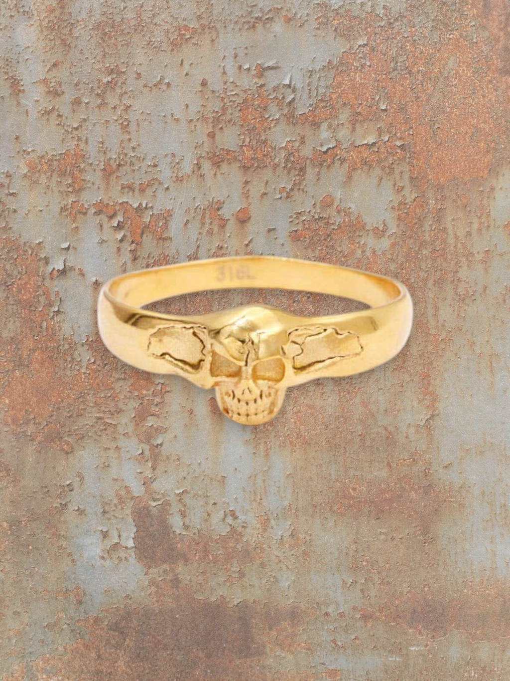 WILDSIDE unisex gold-tone stainless steel skull ring with intricate detailing.
