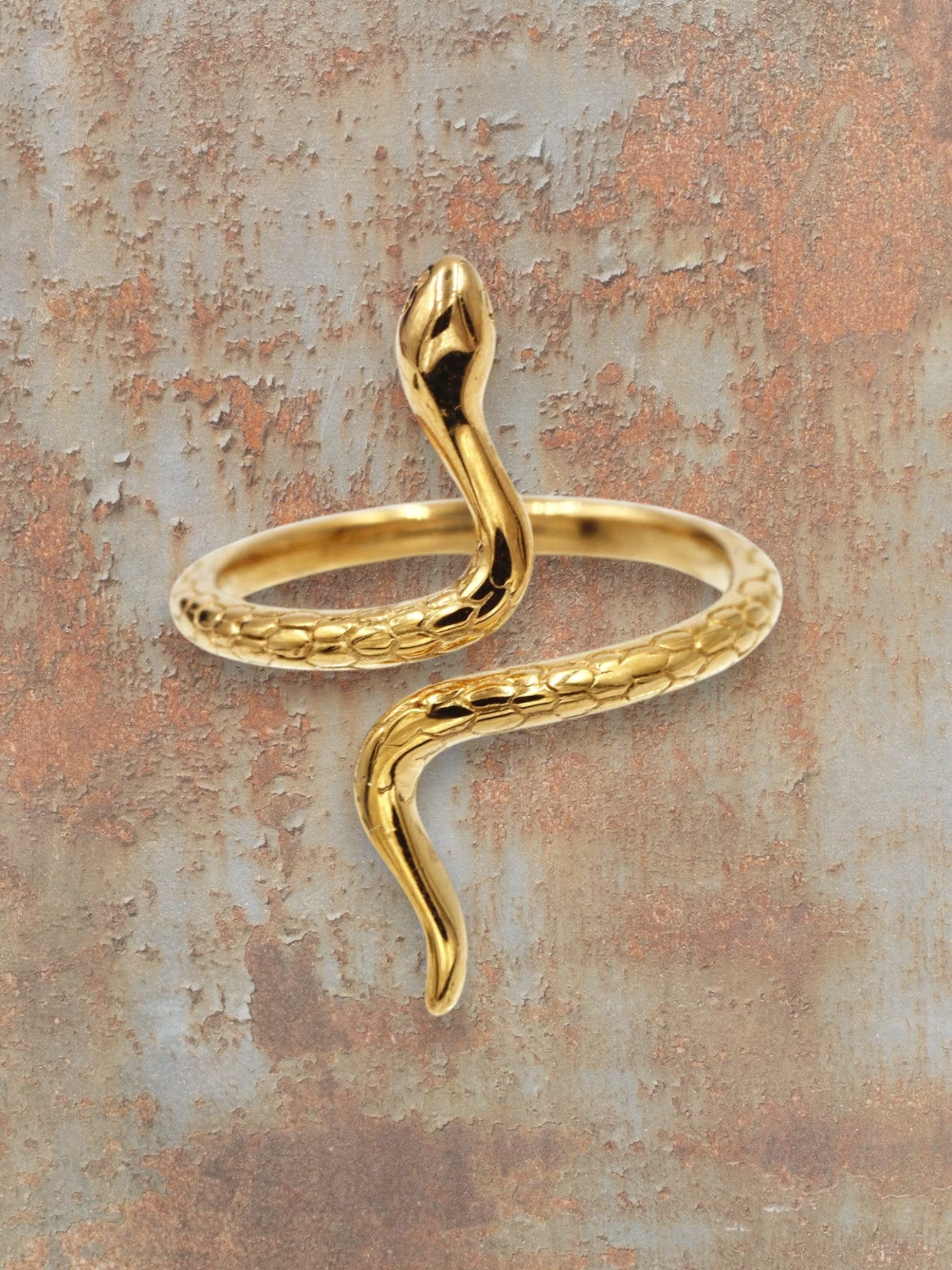 WILDSIDE gold-tone stainless steel snake ring with textured scales and polished finish.