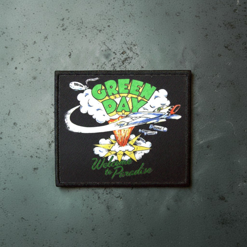 WILDSIDE Green Day "Welcome to Paradise" embroidered patch with green text and explosion graphic.